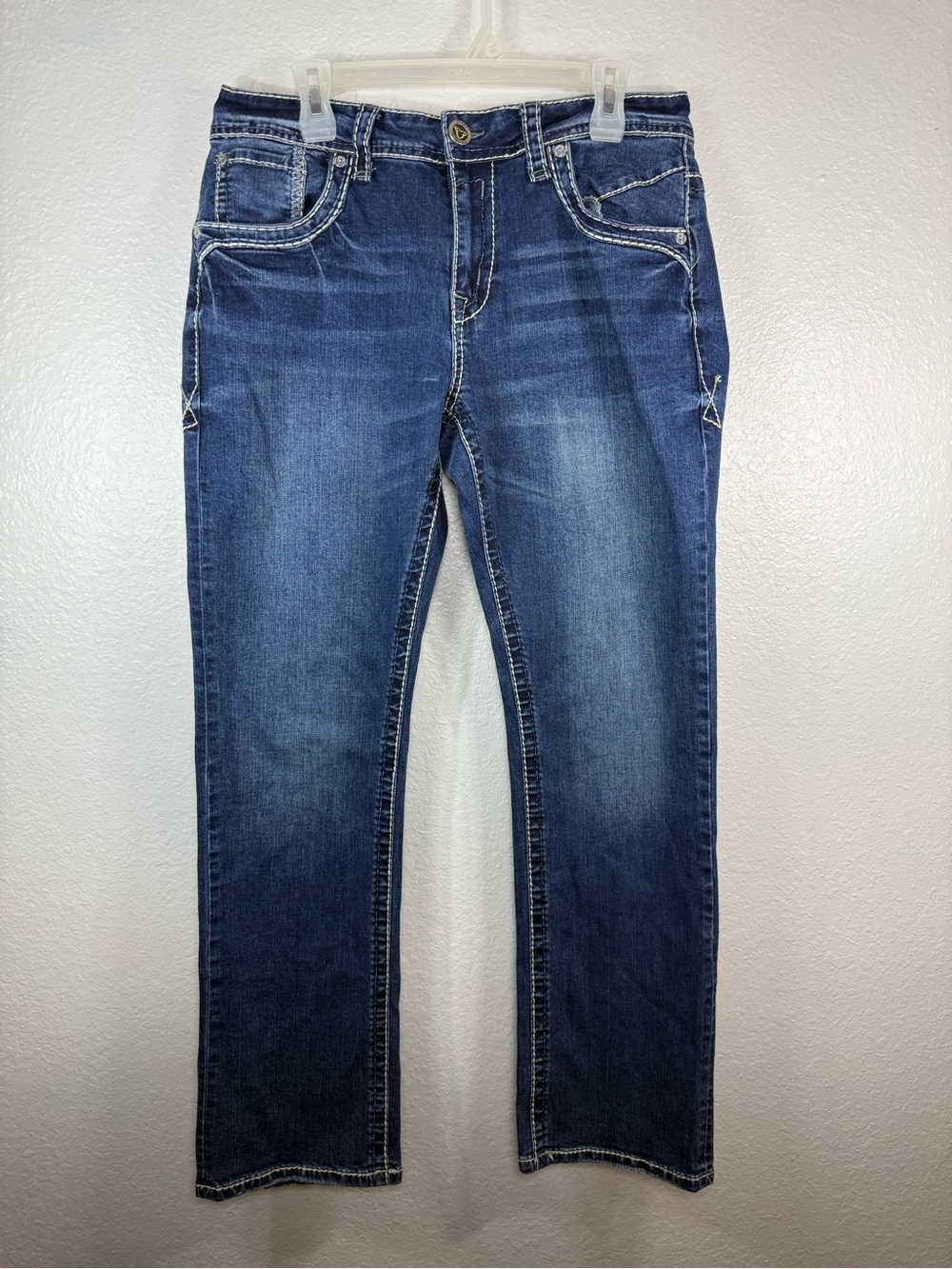 Western Blue Men Jeans Straight Fit Cowboy Thick Stitch Embroidered Size 34X32
